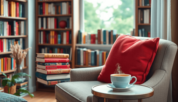 Egy kényelmes olvasósarok, amely egy kényelmes karosszéket, egy színes könyvek halmát és egy gőzölgő csésze teát tartalmaz egy oldalsó asztalon, pu...