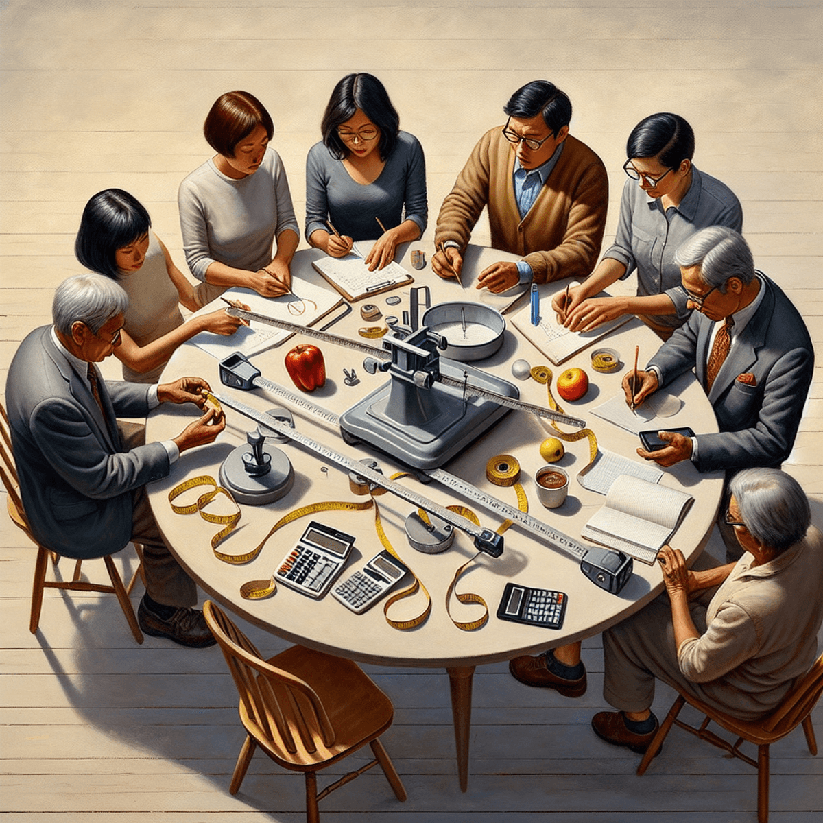 Mértékegység átváltás Egy körasztalnál ülő emberek csoportja, akik hossz- és súlyátváltásokkal foglalkoznak a mindennapi életben. Az asztalnál egy ázsiai nő, egy kaukázusi férfi és egy hispán férfi dolgozik együtt, tape measure, mérleg és nem numerikus átváltási táblázatok használatával. A kalkulátorok szétszórva hevernek az asztalon, jelezve a feladat matematikai jellegét. A környezetükben megtalálható hétköznapi tárgyak hangsúlyozzák a munkájuk valós kapcsolódását, ami a konverziók mindennapi használatát jelzi. A kép realisztikus művészeti stílusban készült.