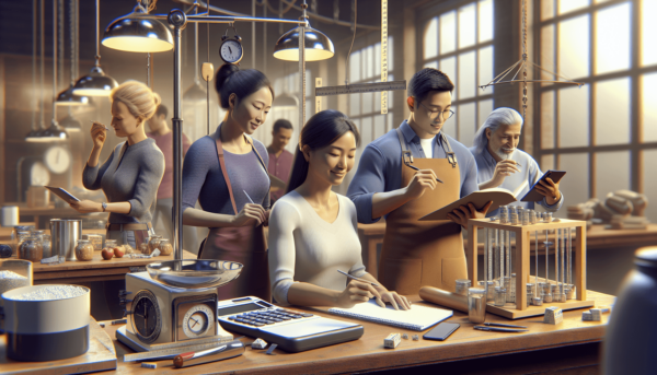 Egy multikulturális háromfős csoport mérésekkel és mértékegységek átváltásával kapcsolatos tevékenységeket végez. Egy ázsiai nő egy számológépet haszn