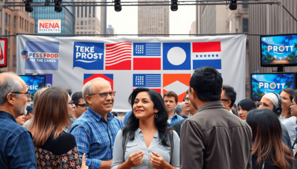 Egy sokszínű csoport élénk vitát folytat egy nagy banner előtt, amely politikai pártok logóit viseli, egy dinamikus városkép előtt, tele médiával k...
