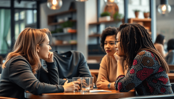 Egy sokszínű csoportnyi ember mély beszélgetésbe merül egy hangulatos kávézóban, meleg fényekkel és kényelmes ülőhelyekkel körülvéve, hangsúlyozva ...