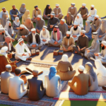 Egy sokszínű muszlim egyénekből álló csoport, beleértve a kaukázusi, ázsiai és spanyol tagokat is, barátságos beszélgetésbe merült a szabadban. Színes