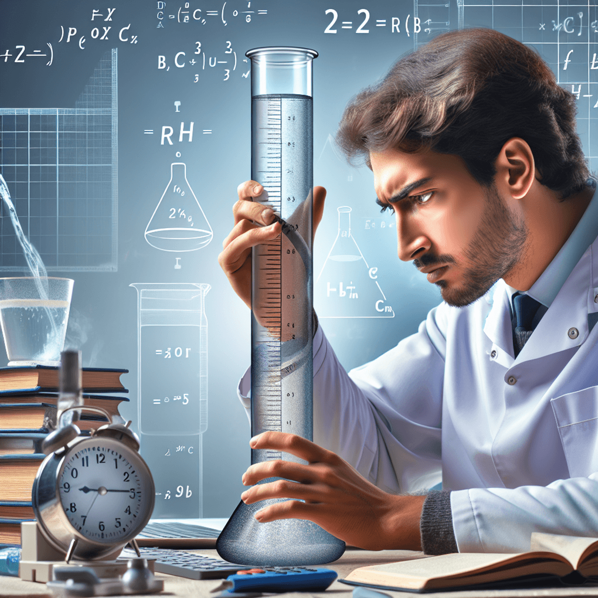 Mértékegység átváltás Egy spanyol származású tudós látható, amint egy átlátszó mérőhengerben folyadékot mér. A mérőhenger skálázása jól kivehető, de írott egységek vagy számok nincsenek rajta a tisztaság érdekében. A tudós íróasztala tele van sokféle eszközzel, amelyek a konverziós táblázatok és online eszközök szimbólumai, például egy laptop képernyője, amelyen képletek diagramjai láthatók, és egy vastag, keménykötésű könyv, amely a mérések átszámítását sugallja. Az egész jelenet a tudományos kutatás világát képviseli.