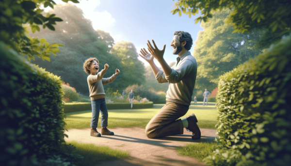 Egy szerető fehér apa térdel a parkban, játékosan játszik fiatal lányával, aki örömmel gesztikulál, mintha egy képzeletbeli csatát nyerne. Nevetésük b