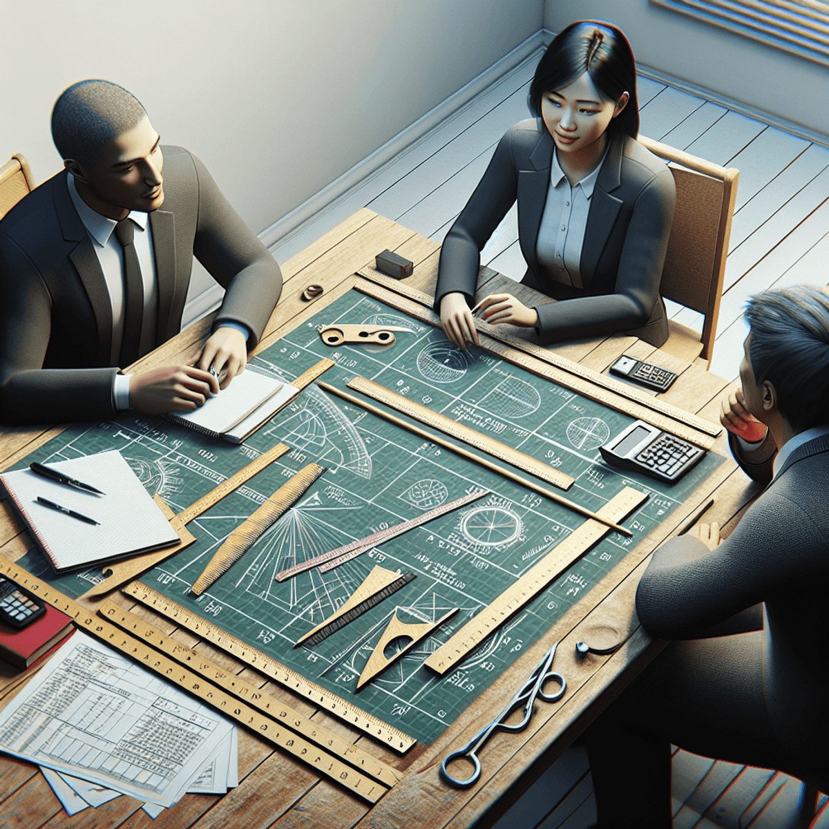 Mértékegység átváltás Egy valósághű kép, amelyen három ember beszélget egy asztal körül. Az egyik személy kaukázusi, a második ázsiai származású, a harmadik pedig hispán származású. Az asztal tele van mérőeszközökkel, mint például vonalzók, szögmérők és mérlegek. Az asztalon konverziós táblázatok is szétszorva találhatók, amelyek nem tartalmaznak olvasható szöveget, hanem különböző szimbolikus ábrázolásokat mutatnak. Az egész jelenet a mértékegység-átváltás jelentőségét jelzi a mindennapi tevékenységekben.