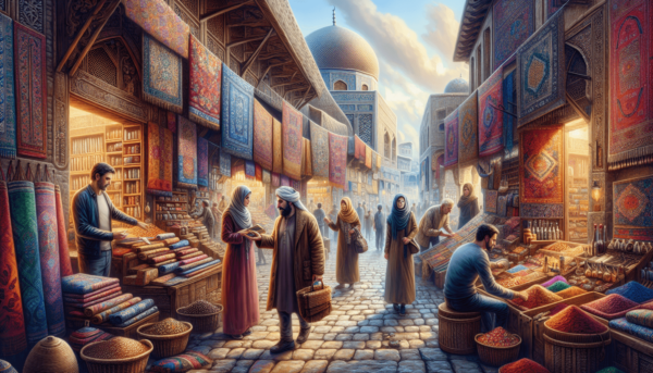 Egy vibráló közel-keleti piac, tele tevékenységgel, hagyományos építészetével, ívelt ajtóival és mozaik csempéivel. Színes textíliák különböző mintákk