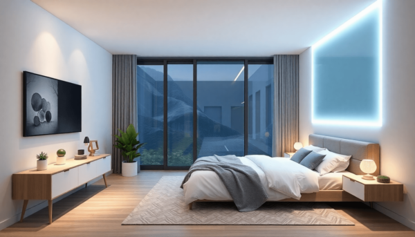 A modern infrapanel fűtési rendszer látható egy világos, tágas szobában, minimalista dizájn elemekkel és természetes fényben.