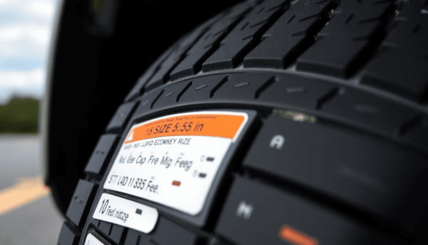 Autógumi közelről, méret-, terhelési index- és szezonális jelzések, valamint szimbólumok láthatók rajta, elmosódott úttal a háttérben, hangsúlyozva...