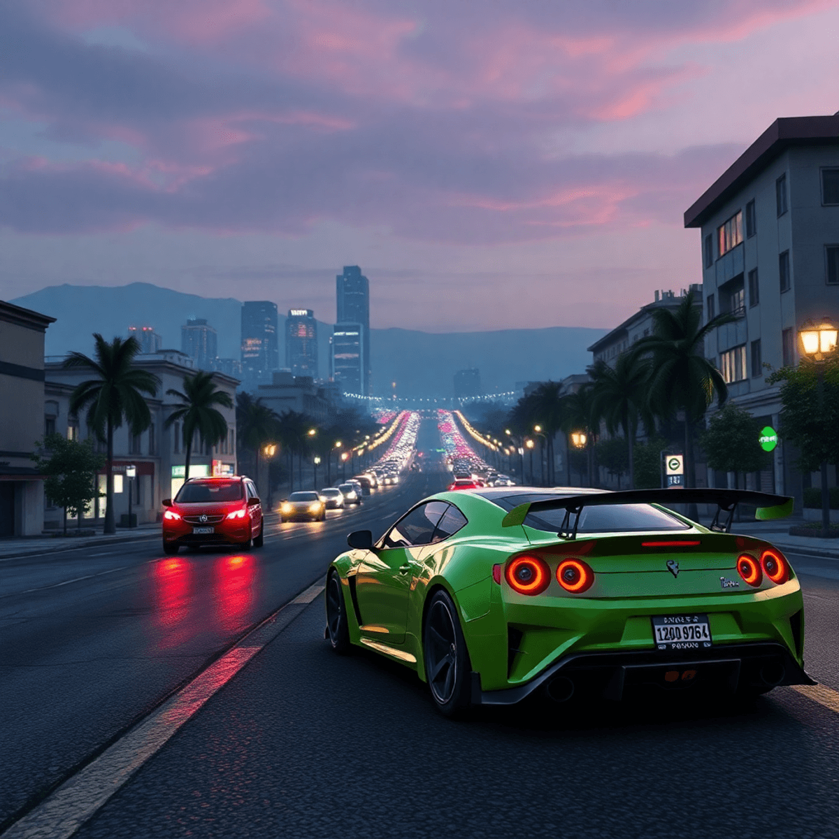 Boldog fiatal felnőttek csoportja videojátékokat játszik, háttérben futurisztikus városok és autók, a GTA 6 világát idézve.