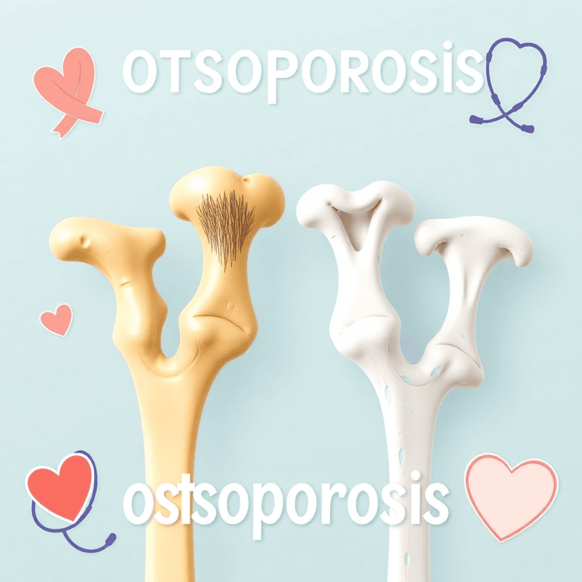 Egészséges és gyengült csontok közeli képe, egészségügyi szimbólumokkal, mint sztetoszkóp és szív, lágy színpalettával, osteoporosis tudatosságát bemutatva.