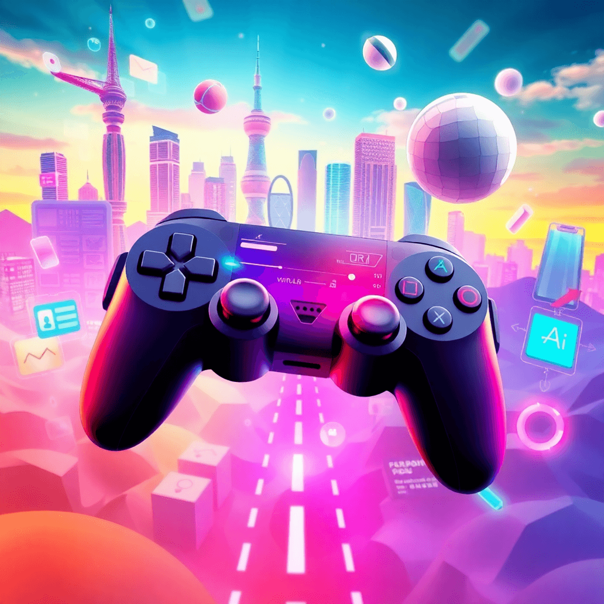 Egy élénk digitális táj, amely a virtuális valóság és a játékok elemeit mutatja be, játékkontroller, futurisztikus városkép és mesterséges intelligencia szimbólumokkal.