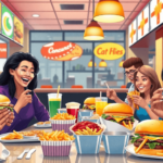 Egy élénk gyorsétterem jelenete ízletes hamburgerekkel, sült krumplival és italokkal egy modern étteremben, ahol az emberek boldogan osztják meg az...