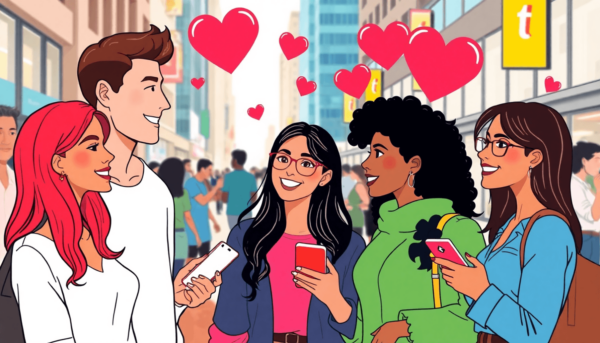 Egy élénk illusztráció, amely embereket ábrázol, amint egy modern városi környezetben társasági életet élnek, szívek, csevegőbuborékok és okostelef...