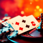 Egy élénk kép, amely póker zsetonokat, lottószelvényt és rulettkereket mutat be, dinamikus színekkel és árnyékokkal, amelyek a szerencsejáték izgal...