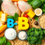 Egy fényes és színes ételtál, amely B-vitaminokban gazdag ételeket tartalmaz, mint például csirke, joghurt, sajt, spenót, brokkoli és barna rizs, t...