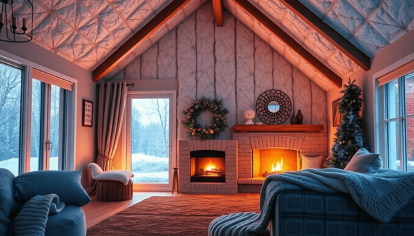 Egy hangulatos otthoni belső tér, modern szigetelőanyagokkal, egy ragyogó kandallóval és puha takarókkal, amelyek meleg és barátságos légkört terem...