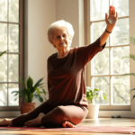 Egy idős nő jóga gyakorlatot végez egy napfényes szobában, amely tele van növényekkel, megtestesítve az erőt és az egyensúlyt.