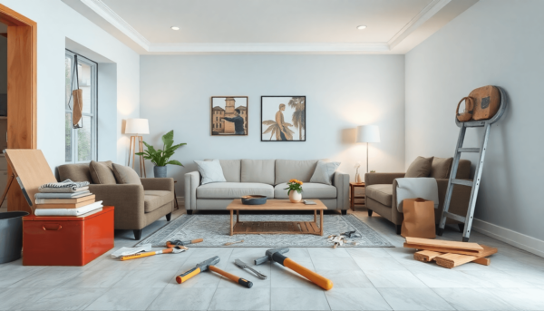 Egy kényelmes, modern nappali felújítás alatt, szétszórt szerszámokkal, stílusos kanapéval és frissen festett falakkal, amely a változás és a fejlő...