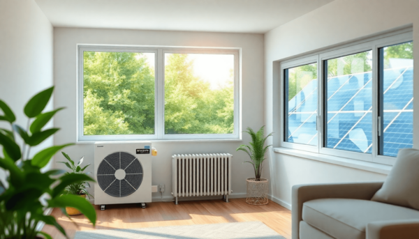 Egy modern otthoni belső tér, amely stílusos hőszivattyút és napkollektorokat mutat be egy ablakon keresztül, zöld növényzet veszi körül, hangsúlyo...