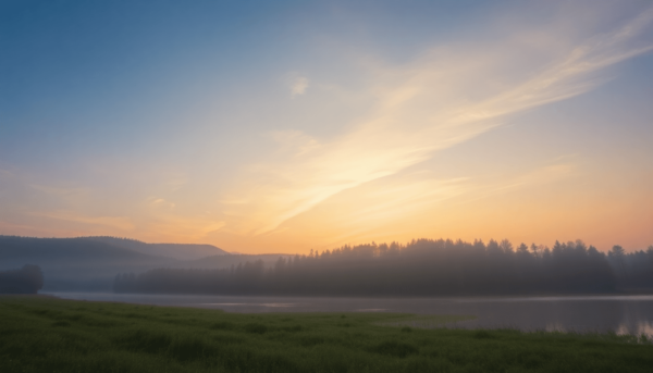 Egy nyugodt tó napfelkeltében, buja fákkal körülvéve, lágy színekkel és enyhe világítással, a természetben való pihenés és nyugalom érzéseit idézi ...