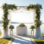 Egy nyugodt tóparti esküvői helyszín virágokkal díszített oltárral, zöld növényzet és a vízen visszatükröződő lágy napfény veszi körül, romantikus ...