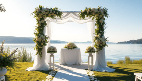 Egy nyugodt tóparti esküvői helyszín virágokkal díszített oltárral, zöld növényzet és a vízen visszatükröződő lágy napfény veszi körül, romantikus ...