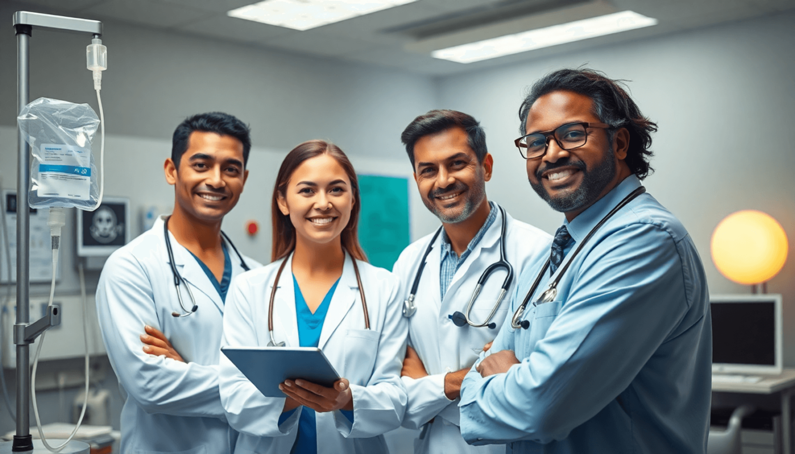 Egy sokszínű egészségügyi szakemberekből álló csoport együttműködik egy modern orvosi környezetben, a rákkezelés szimbólumaival körülvéve, reményt ...