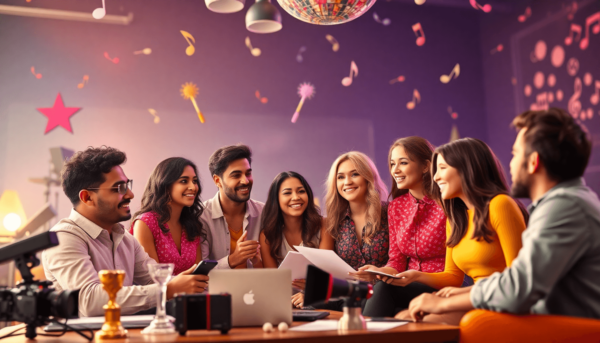 Egy sokszínű hírességcsoport élénk ötletbörzét tart, díjakkal, kamerákkal és zenei jegyzetekkel körülvéve, energiát és együttműködést sugallva.