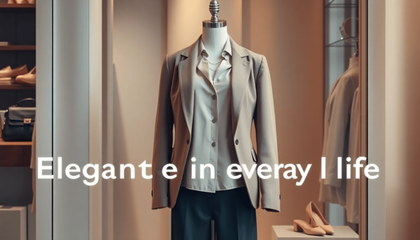 Egy stílusos öltözet egy manökenen, puha, semleges színek és textúrák között, háttérben elegáns kiegészítőkkel, mint például egy kézitáska és elegá...