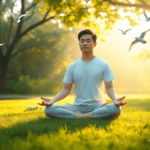 Egy személy, aki keresztbe tett lábakkal ül a fűben, a természetben gyakorolja a tudatosságot, lágy napsütés szűrődik át a fákon, folyó víz, virágo...