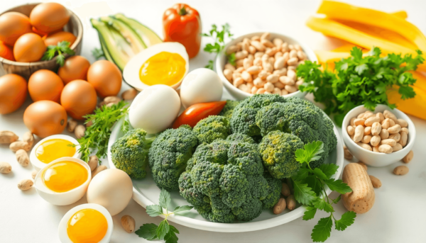 Egy színes, egészséges ételekből álló választék, beleértve a tojásokat, brokkolit és földimogyorót, friss fűszernövényekkel és élénk zöldségekkel e...