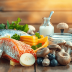 Egy színes elrendezésű zsíros halakból, dúsított tejtermékekből és UV-exponált gombákból álló kompozíció egy fából készült asztalon, meleg, napos h...