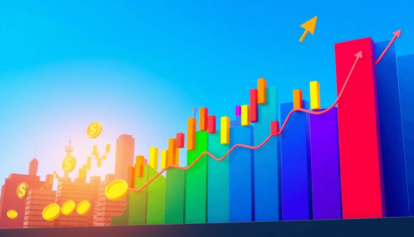 Egy színes tőzsdei illusztráció, amely egy felfelé ívelő grafikont, gyertyás mintákat, érméket, dollárjeleket és absztrakt épületeket ábrázol egy v...