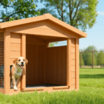 Egy tágas és kényelmes kutyaház napos kültéri területen, zöld fűvel és fákkal körülvéve, a kutya számára kényelmet és minőséget kínálva.