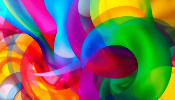 Egy vibráló absztrakt kép, amely a nyugtató kék, az energikus piros, a harmonikus zöld és a vidám sárga színek keverékét mutatja be, szimbolizálva ...