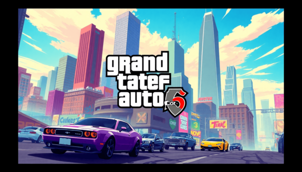 Egy vibráló városkép, amely a Grand Theft Auto sorozat ihlette, felhőkarcolókkal, autókkal és utcai művészettel, a GTA 6 iránti izgalmat keltve din...