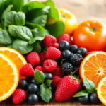 Friss gyümölcsök és zöldségek színes elrendezése, beleértve a narancsokat, spenótot és bogyós gyümölcsöket, egy fából készült asztalon bemutatva, k...