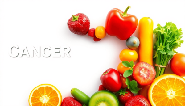 Friss gyümölcsök és zöldségek szív alakú elrendezése élénk háttérrel, a rákmegelőzést és az egészséges életmódbeli választásokat szimbolizálva.