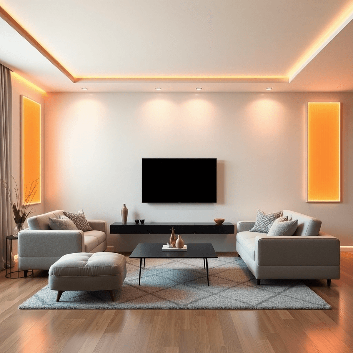 Mennyezeti infrapanel: A legújabb trend a modern fűtésben Kényelmes, modern nappali, falra szerelt infrapanelek melegével, lágy világítással és minimalista dekorációval, amely a korszerű fűtési technológiát hangsúlyozza.