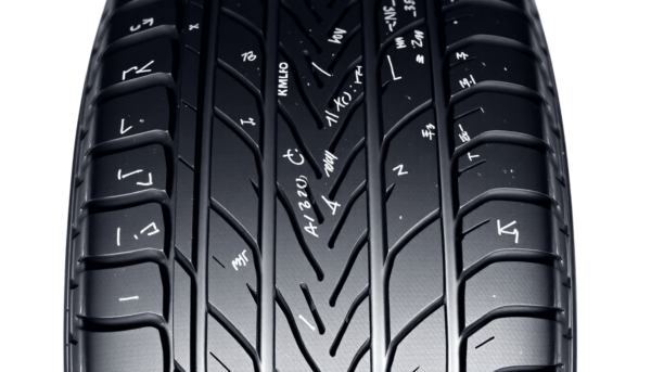 Közelkép egy magas minőségű, minden évszakra alkalmas gumiabroncsról, amely részletes jelöléseket és specifikációkat mutat be világos háttér előtt,...