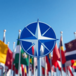 A NATO embléma a tagországok zászlói előtt, tiszta kék égbolt alatt, az egységet, a globális biztonságot és a kollektív védelmet szimbolizálja.