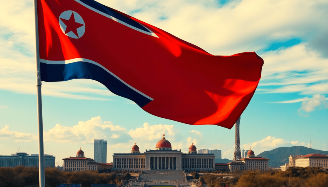 A North Korean zászló a Pyongyang-i látkép előtt lengeti magát, bemutatva olyan nevezetességeket, mint a Győzelem íve és a Juche-torony egy tiszta ...