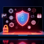 A laptopon zár szimbólum látható, internetes ikonok és adatfolyamok háttérben, a digitális biztonság és adatvédelem szimbolizálására.