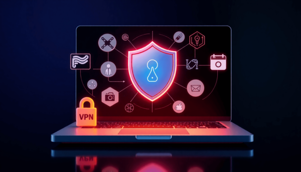 A laptopon zár szimbólum látható, internetes ikonok és adatfolyamok háttérben, a digitális biztonság és adatvédelem szimbolizálására.