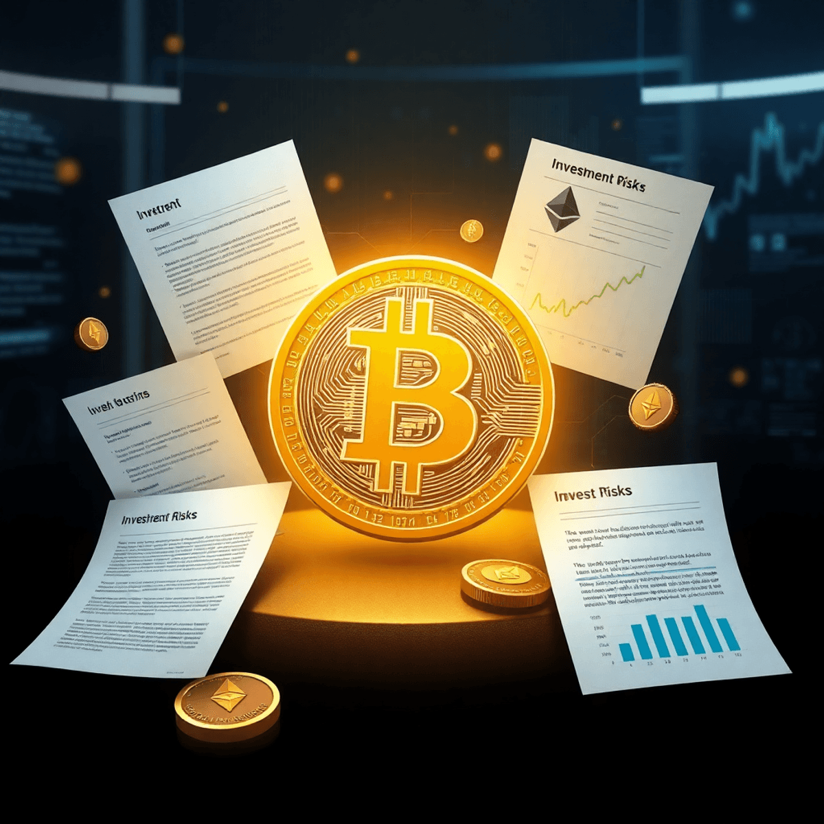 Digitális valuták szimbóluma jogi dokumentumokkal és befektetési kockázatokat ábrázoló grafikonokkal egy modern, technológiai háttérben.