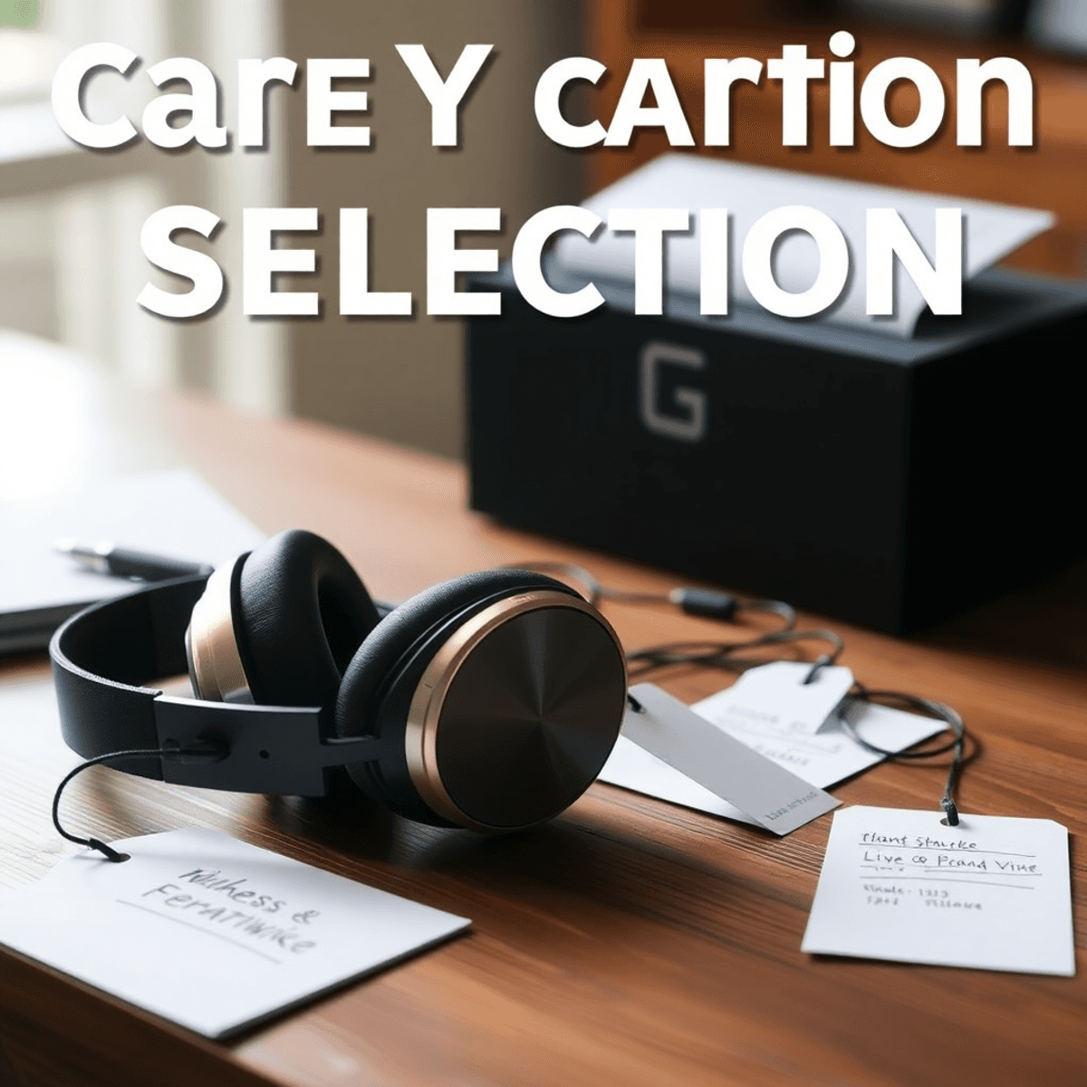 Hogyan válasszunk fejhallgatót? 5 egyszerű lépésben Divatos fejhallgató egy fa asztalon, árjegyzékekkel és jegyzetekkel körülvéve, a minőség és választás hangsúlyozásával.