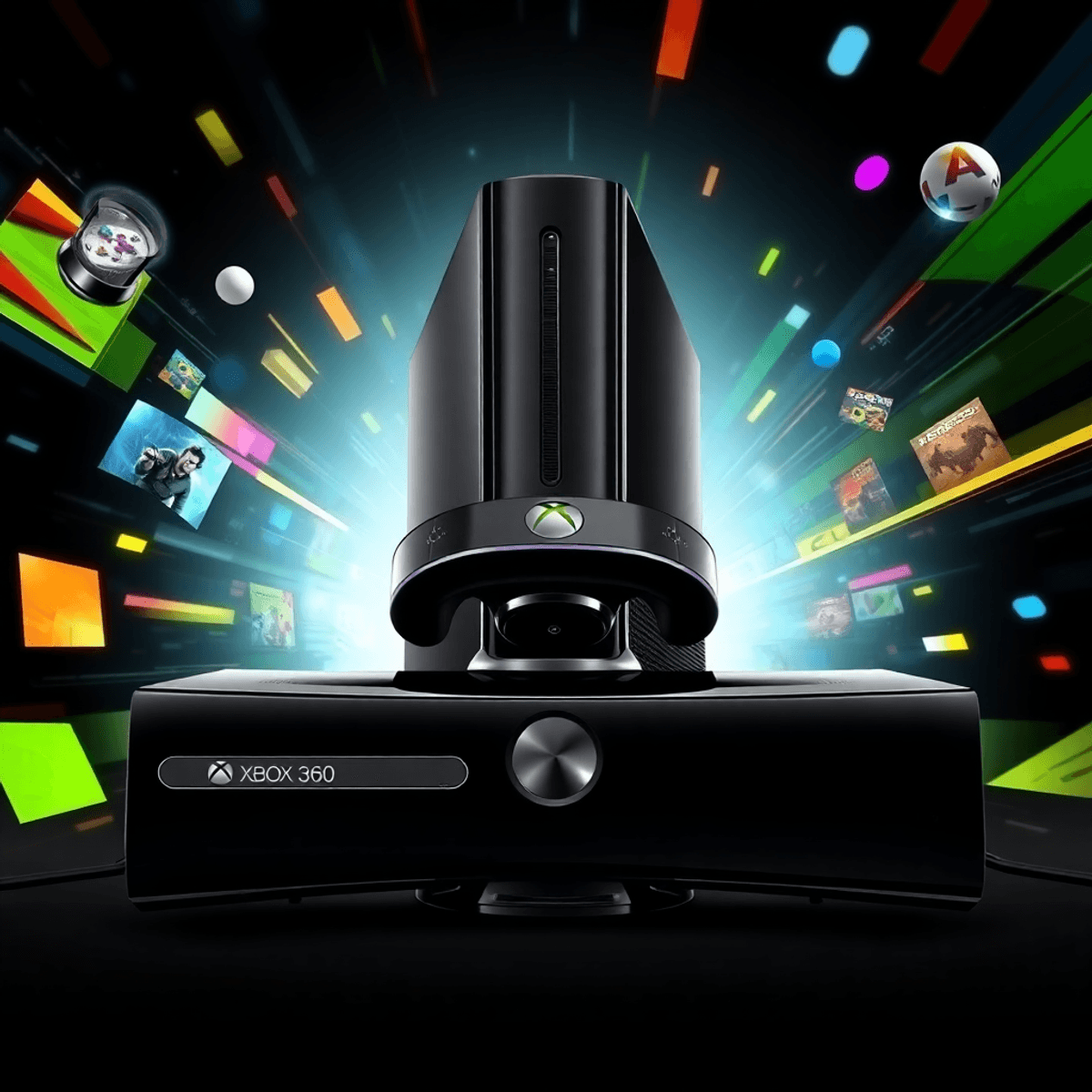 Egy Xbox 360 konzolt és Kinect érzékelőt ábrázoló dinamikus kép, élénk grafikákkal a játék izgalmáról és innovációjáról, technológiai elemekkel a háttérben.