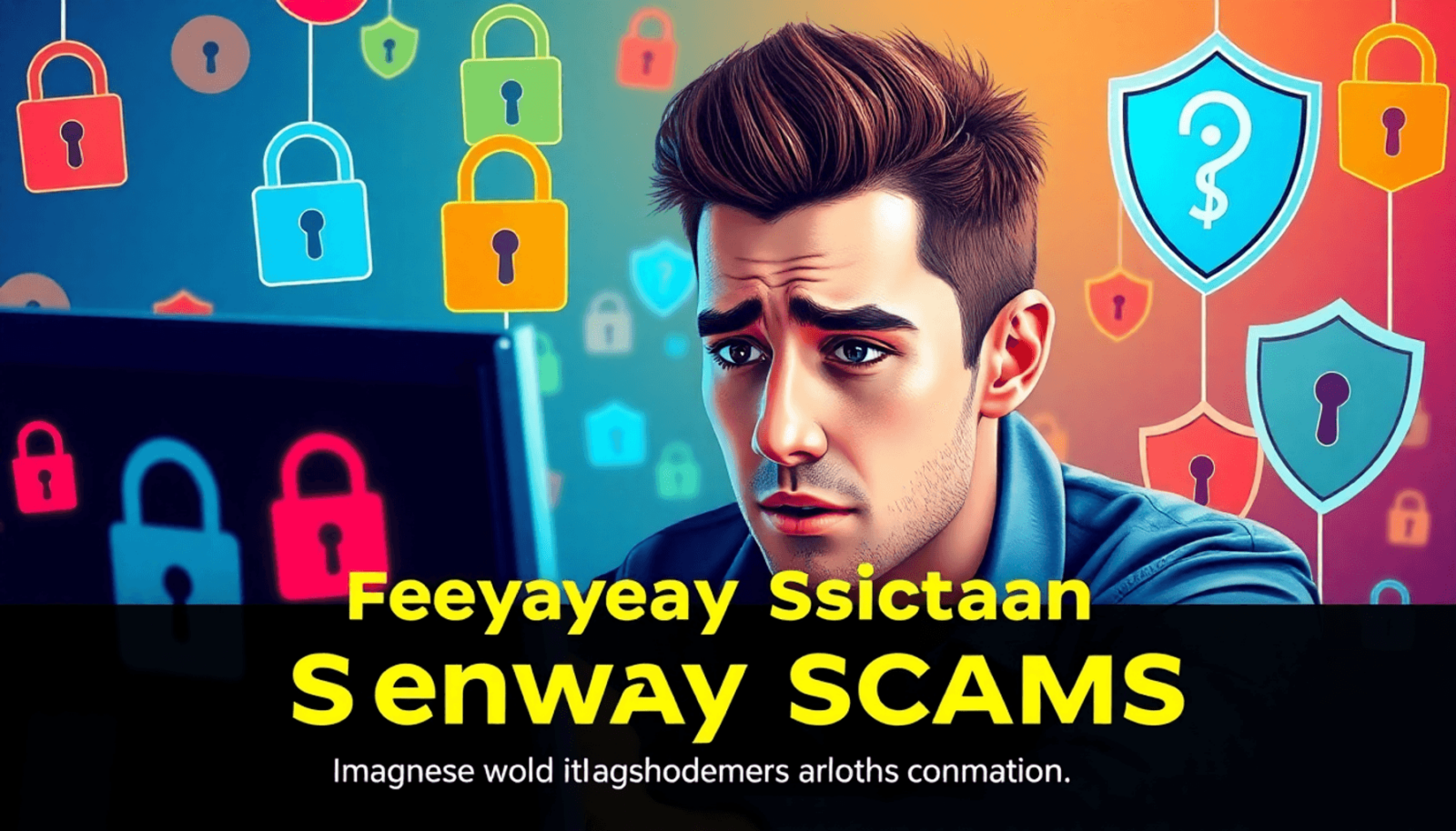 Egy aggódó kifejezésű személy néz a számítógép képernyőjére, körülvéve az online biztonságot szimbolizáló zárakkal és pajzsokkal, hangsúlyozva a cs...