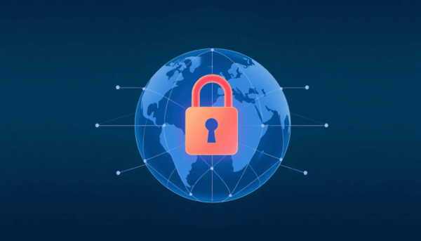 Egy digitális illusztráció, amely egy biztonságos zár szimbólumát ábrázolja egy globusz felett, összekapcsolt vonalakkal, kék árnyalatok gradiensév...