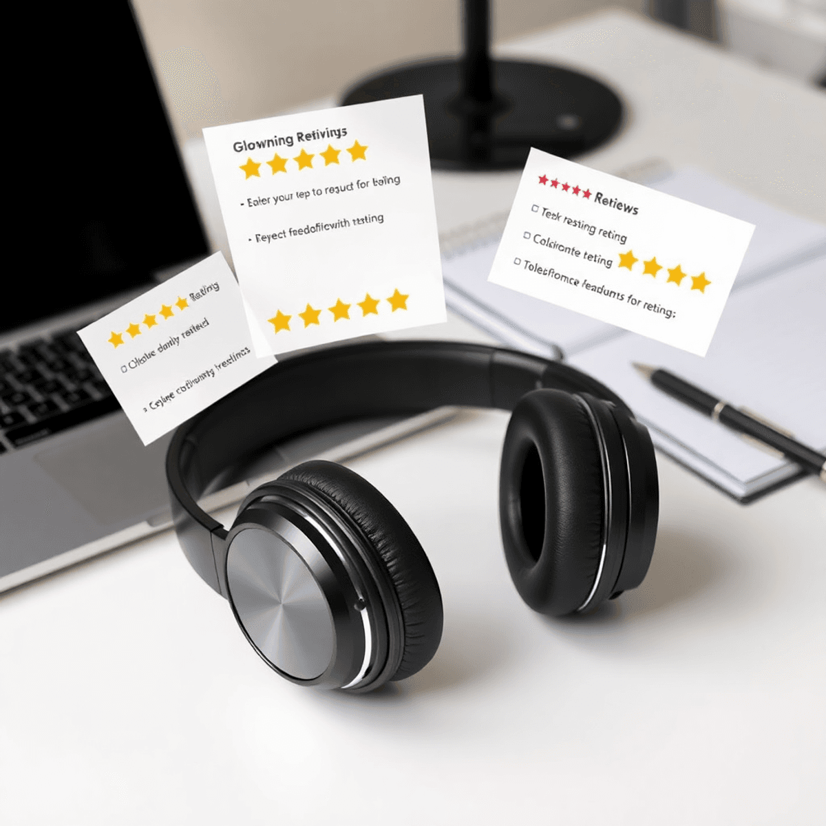 Hogyan válasszunk fejhallgatót? 5 egyszerű lépésben Egy divatos fejhallgató egy íróasztalon, körülötte ragyogó értékelések és vélemények, háttérben laptop és jegyzetfüzet a kutatás és tájékozott döntéshozatal jelképeként.